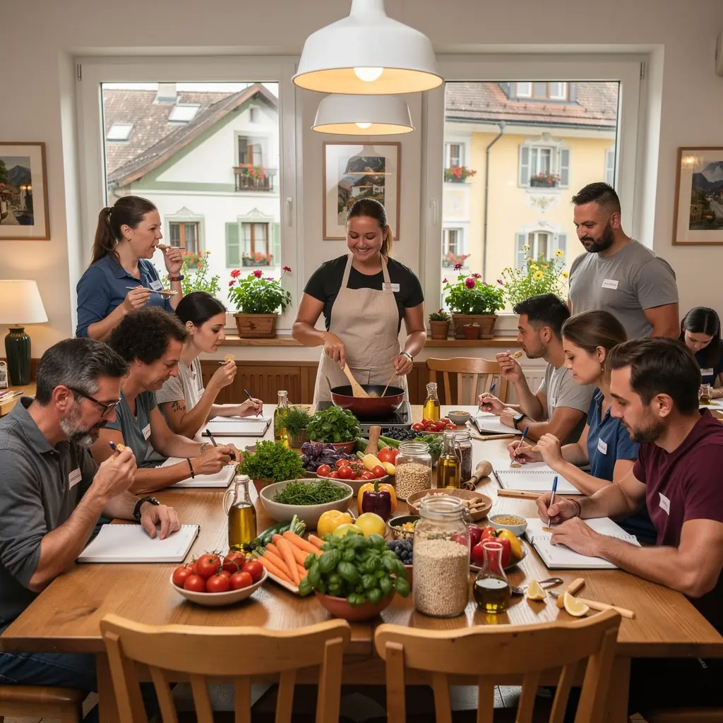 Ein Bild von einem Gesundheitstrainer, der einer Gruppe von Menschen gesunde Ernährungstipps gibt.