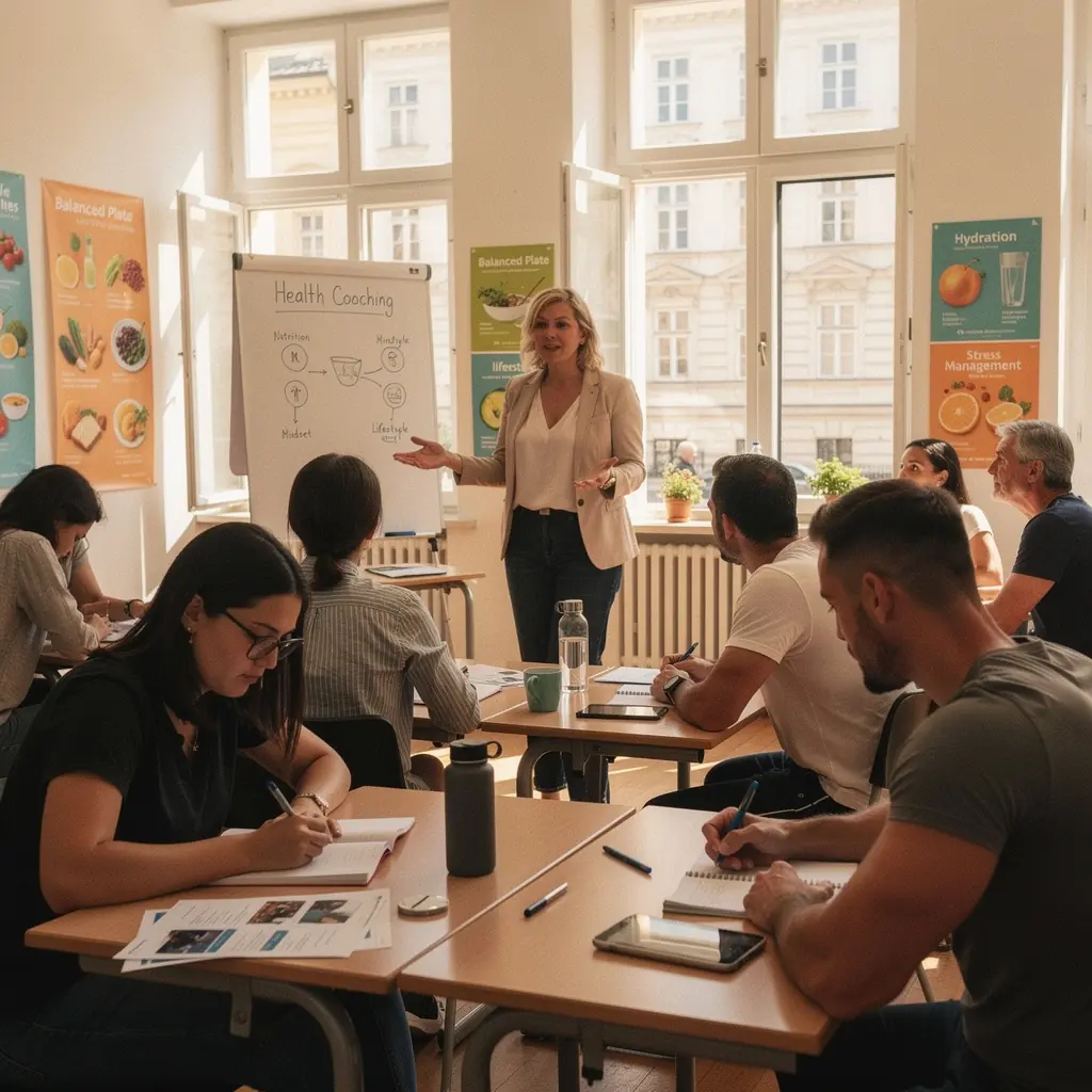 Ein Online-Kurs, der auf einem Laptop angezeigt wird und Informationen zur Gesundheitszertifizierung zeigt.