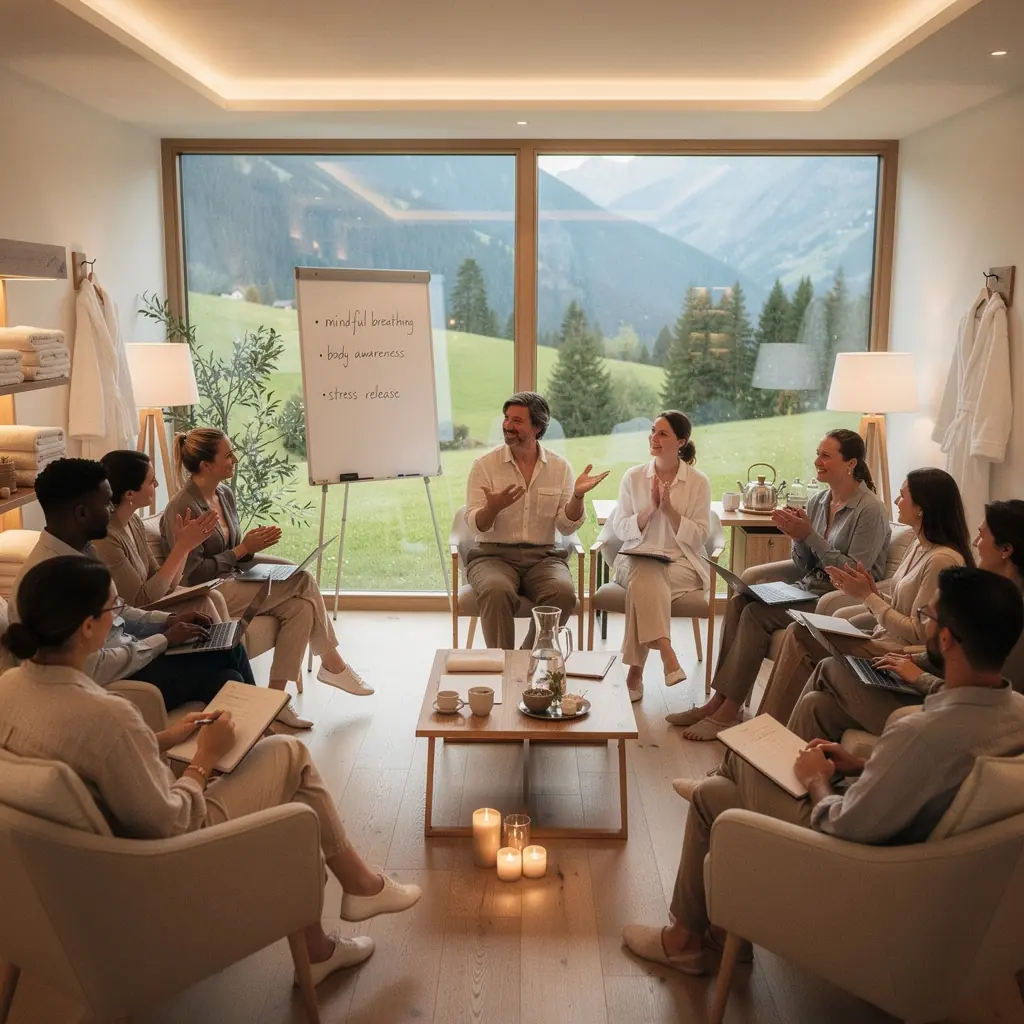 Eine Gruppe von Teilnehmern, die an einem Online-Kurs für Wellness-Ausbildung teilnimmt.